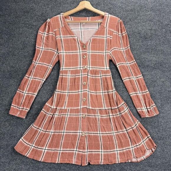 Mason & Belle Dress Womens Medium Rust Plaid Button Front Long Sleeve Boho Fall - Picture 1 of 12